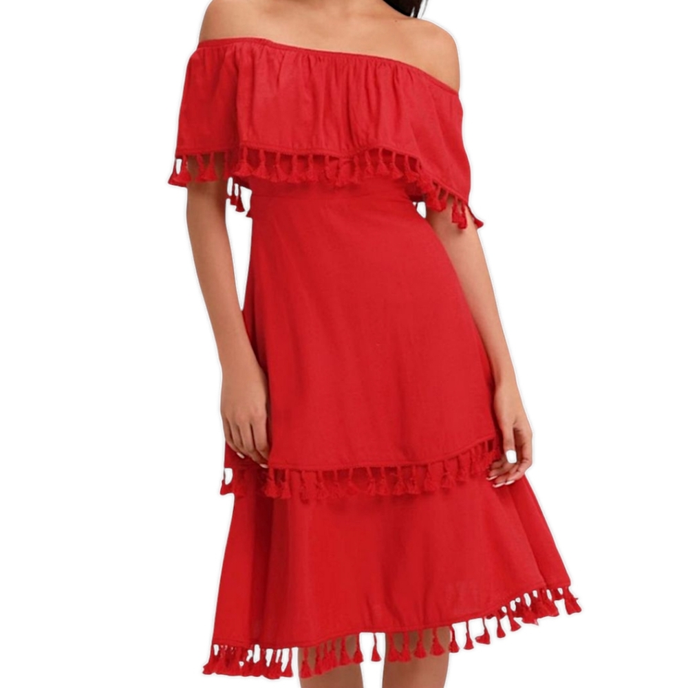 NWOT Lulus Red Off The Shoulder Fringe Dress